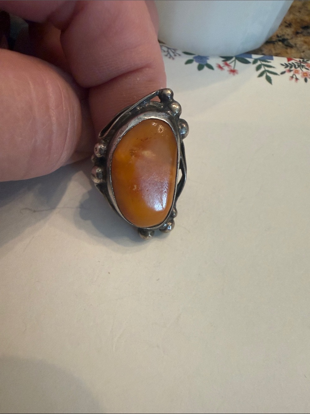 Sterling Silver Amber Teardrop Ring in Warm Orange Size 7.